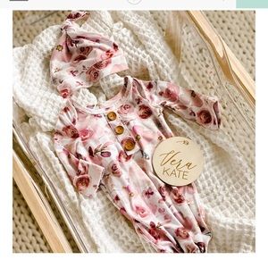 Caden Lane Rosie’s Rose Garden Newborn Baby Knot Gown and Hat